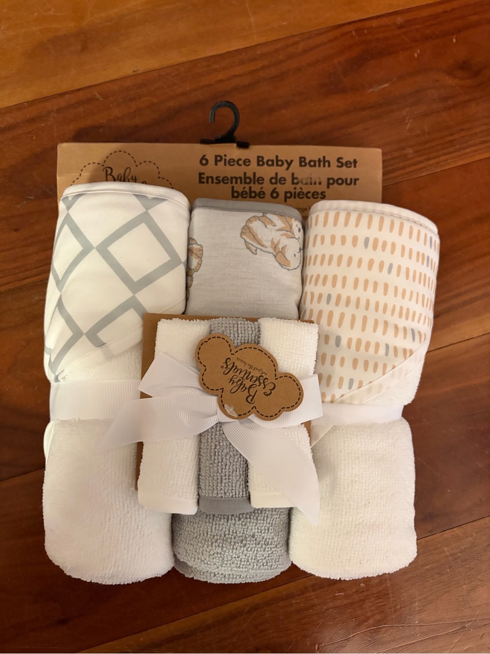 Baby Essentials Neutral Baby Bath Hooded Towel Set in White, Gray & Tan